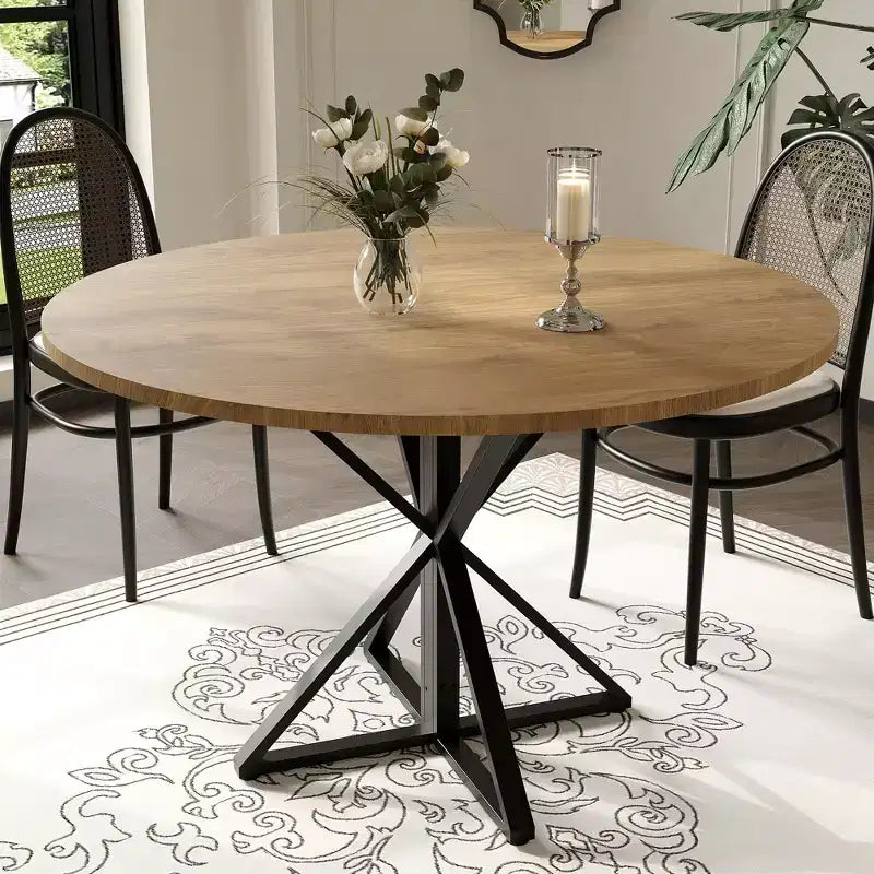 Tavolo da pranzo rotondo da 47 pollici con base in metallo e piano in truciolato