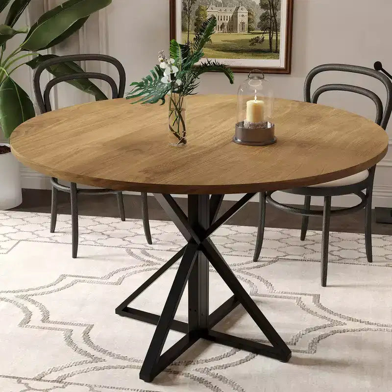 Tavolo da pranzo rotondo da 47 pollici con base in metallo e piano in truciolato