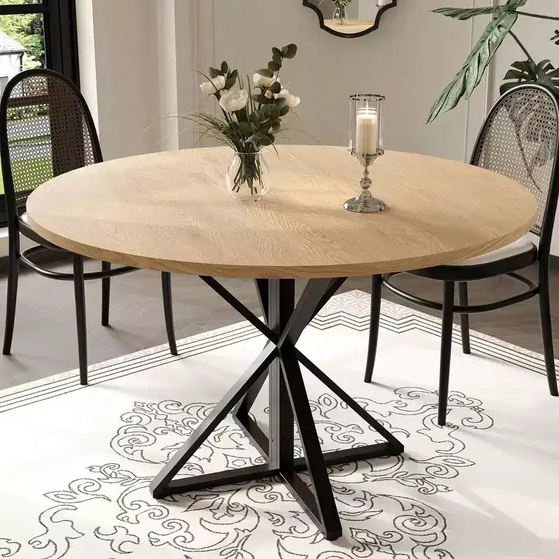 Tavolo da pranzo rotondo da 47 pollici con base in metallo e piano in truciolato