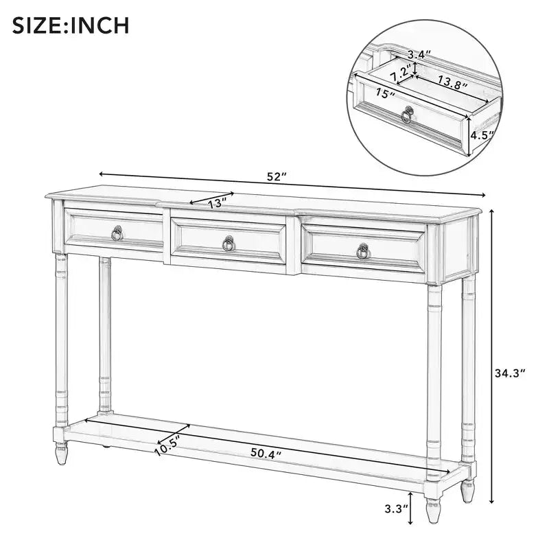 Consolle da ingresso in legno massello da 52" con cassetti e ripiano