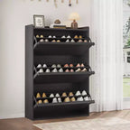 Shoe Cabinet, 3 Flip Drawers - Modern Entryway Shoe Storage Organizer, Narrow Wooden Rack with Adjustable Shelves, Space-Saving, Black