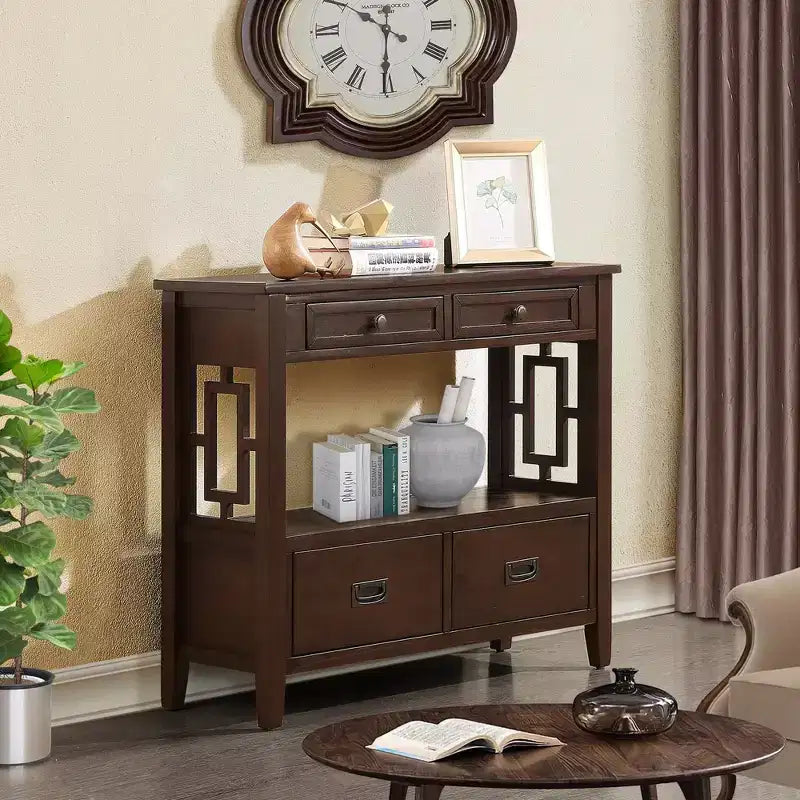 Consolle vintage in legno massiccio con 4 cassetti e ripiano a giorno