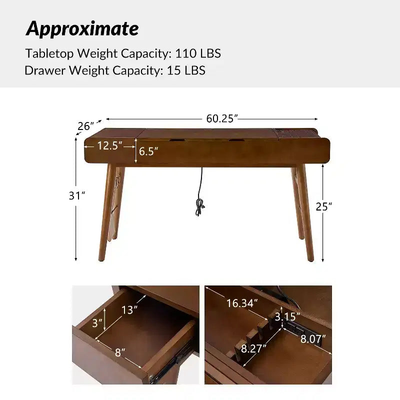 Scrivania moderna di metà secolo da 60" con piano regolabile in altezza