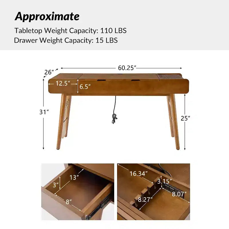 Scrivania moderna di metà secolo da 60" con piano regolabile in altezza