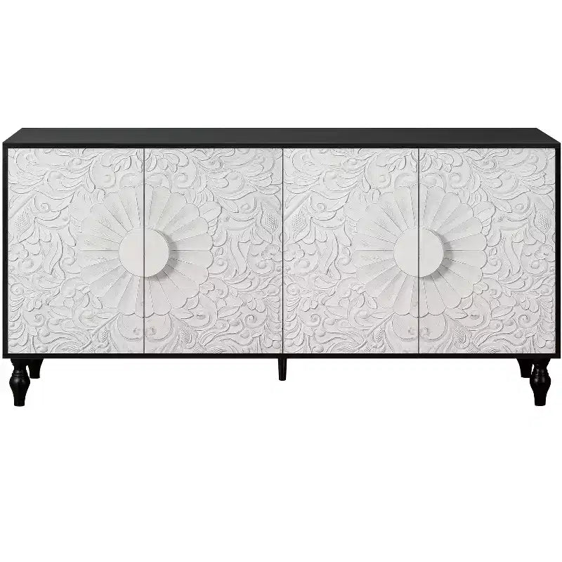 Credenza da cucina con ante intagliate a fiori, mobile multiuso con maniglie in metallo per ingresso e soggiorno