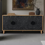 Credenza da cucina con ante intagliate a fiori, mobile multiuso con maniglie in metallo per ingresso e soggiorno