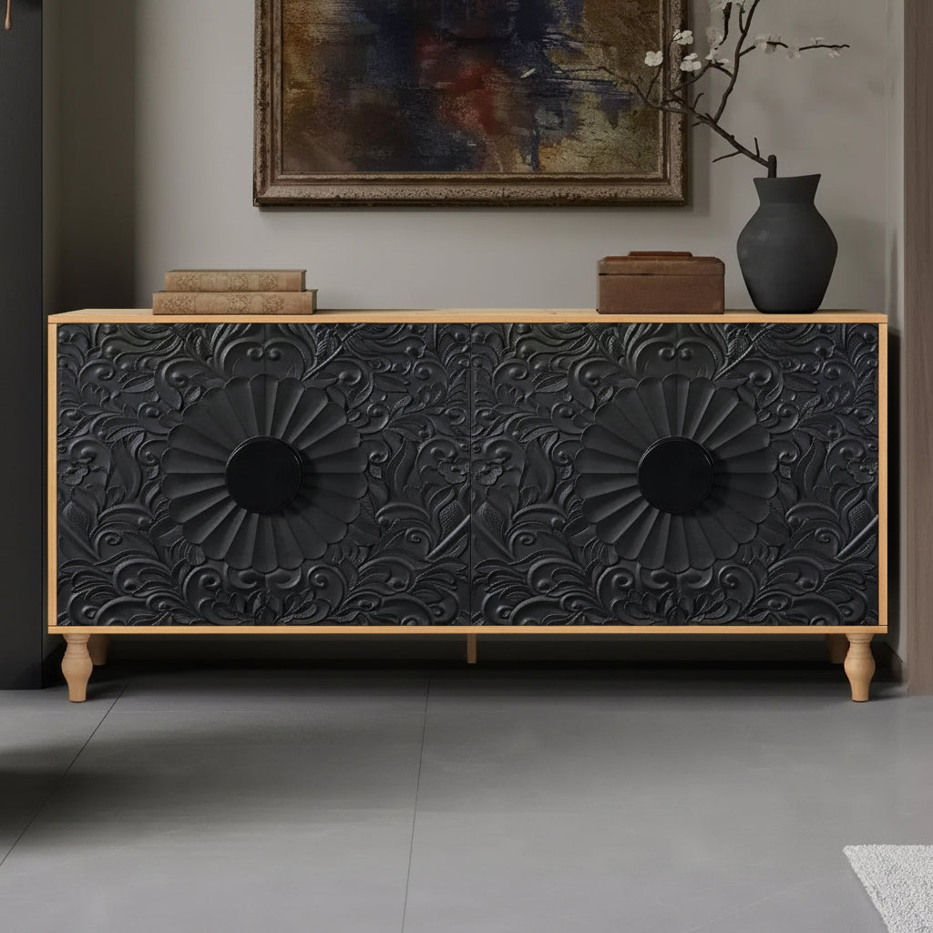 Credenza da cucina con ante intagliate a fiori, mobile multiuso con maniglie in metallo per ingresso e soggiorno