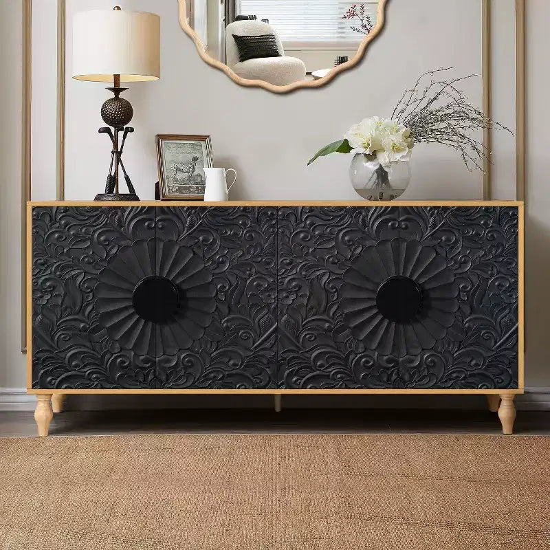 Credenza da cucina con ante intagliate a fiori, mobile multiuso con maniglie in metallo per ingresso e soggiorno