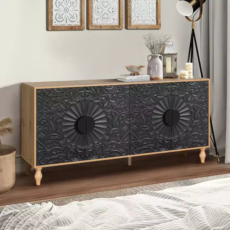 Credenza da cucina con ante intagliate a fiori, mobile multiuso con maniglie in metallo per ingresso e soggiorno