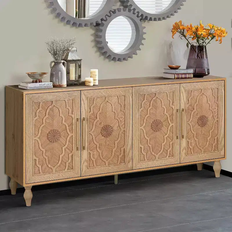 Credenza da cucina con ante intagliate a fiori, mobile multiuso con maniglie in metallo per ingresso e soggiorno
