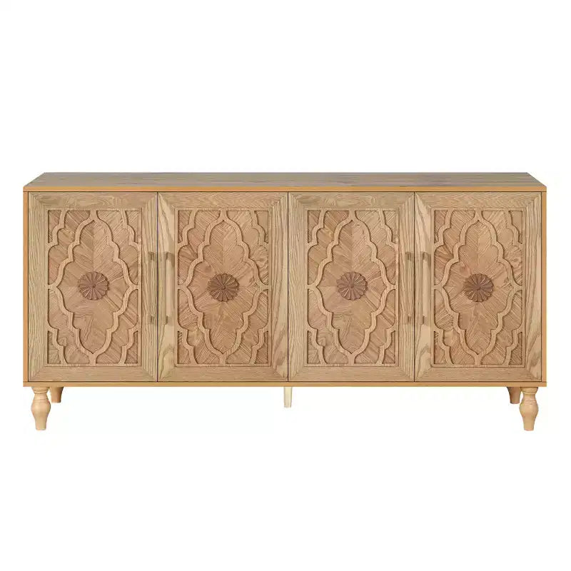 Credenza da cucina con ante intagliate a fiori, mobile multiuso con maniglie in metallo per ingresso e soggiorno