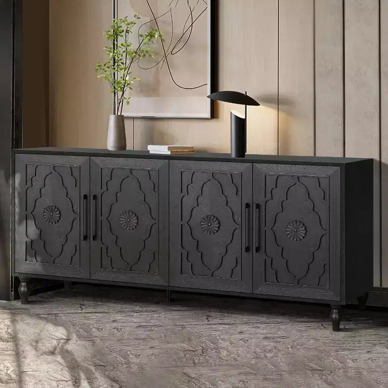 Credenza da cucina con ante intagliate a fiori, mobile multiuso con maniglie in metallo per ingresso e soggiorno