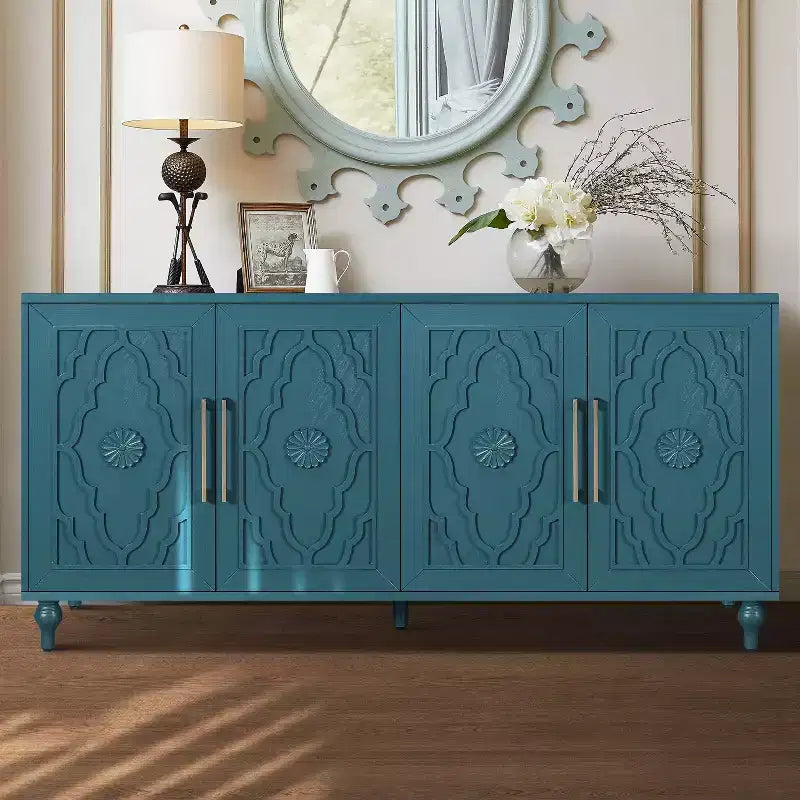 Credenza da cucina con ante intagliate a fiori, mobile multiuso con maniglie in metallo per ingresso e soggiorno