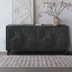 Credenza da cucina con ante intagliate a fiori, mobile multiuso con maniglie in metallo per ingresso e soggiorno