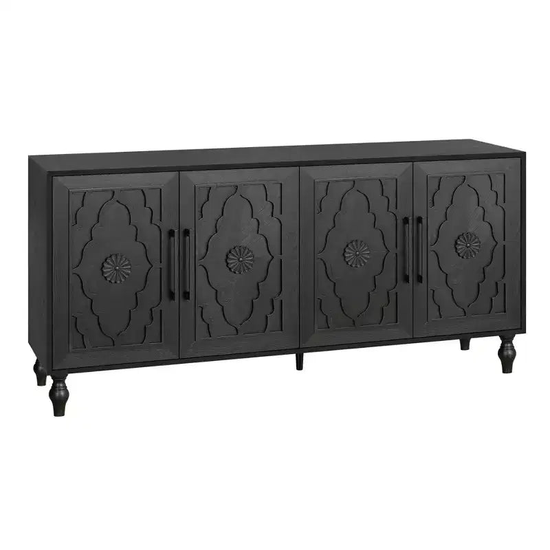 Credenza da cucina con ante intagliate a fiori, mobile multiuso con maniglie in metallo per ingresso e soggiorno