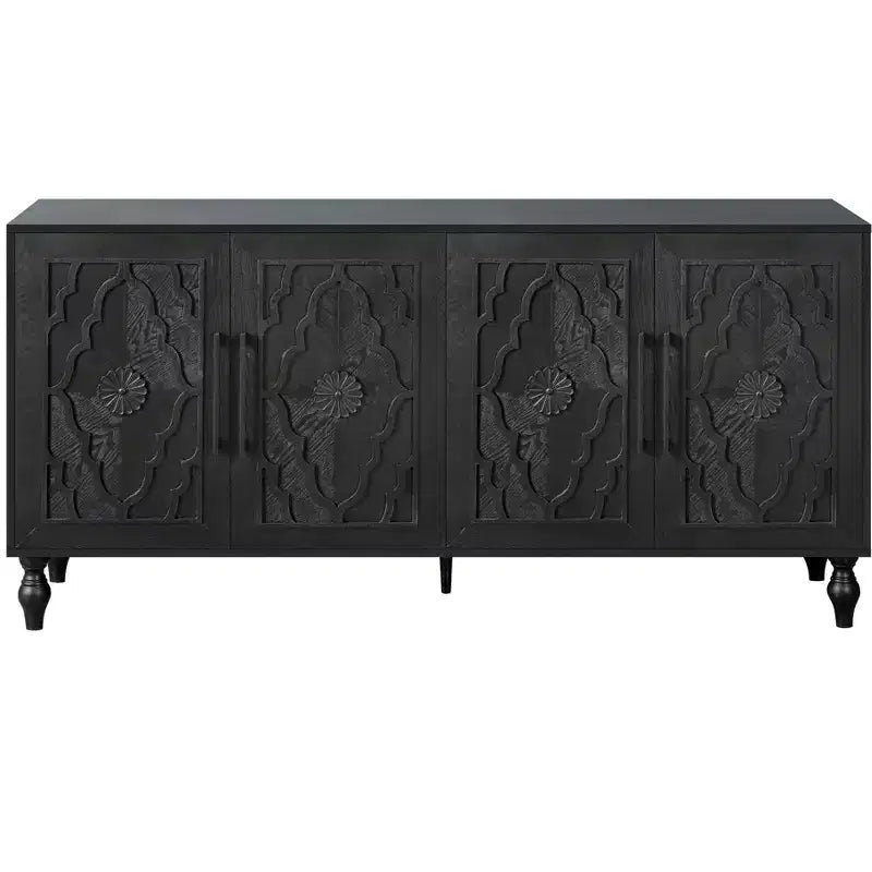 Credenza da cucina con ante intagliate a fiori, mobile multiuso con maniglie in metallo per ingresso e soggiorno