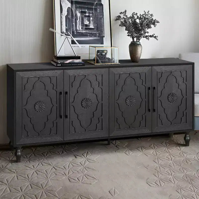 Credenza da cucina con ante intagliate a fiori, mobile multiuso con maniglie in metallo per ingresso e soggiorno