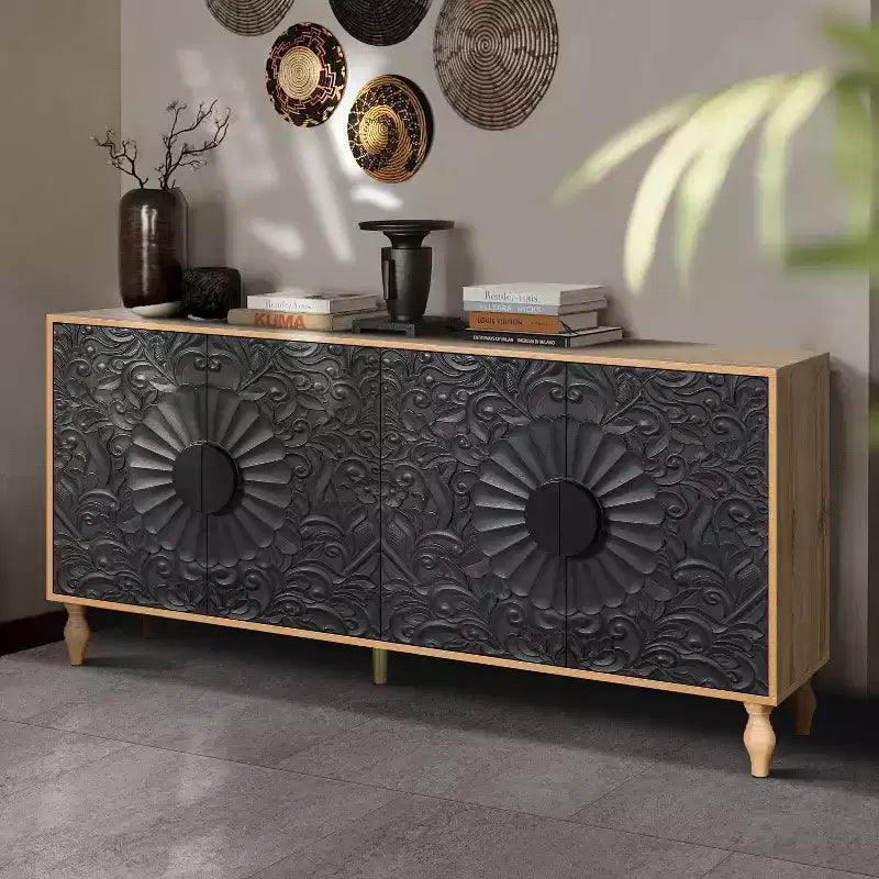 Credenza da cucina con ante intagliate a fiori, mobile multiuso con maniglie in metallo per ingresso e soggiorno