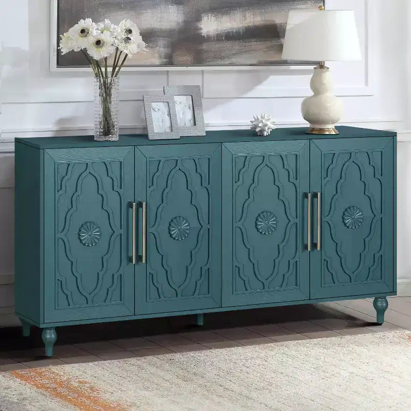 Credenza da cucina con ante intagliate a fiori, mobile multiuso con maniglie in metallo per ingresso e soggiorno
