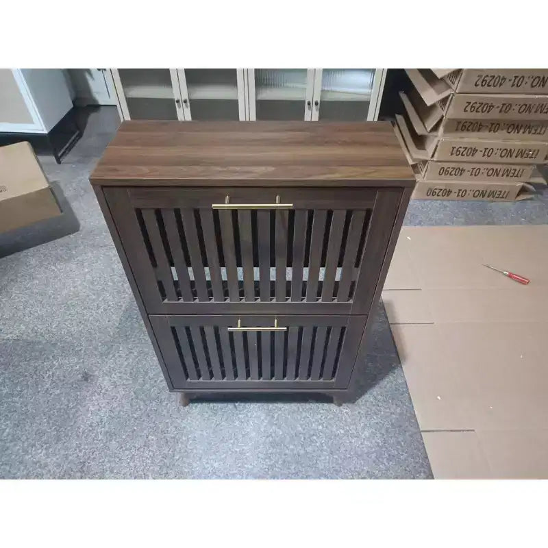 Mobile scarpiera moderno da 60 cm con 2 cassetti a ribalta – Scarpiera autoportante per ingresso, soggiorno e corridoio, noce