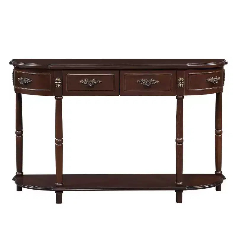 Consolle curva da 52'' in legno anticato con ripiano aperto e 2 cassetti, Espresso