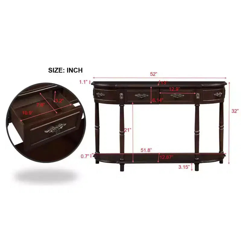 Consolle curva da 52'' in legno anticato con ripiano aperto e 2 cassetti, Espresso
