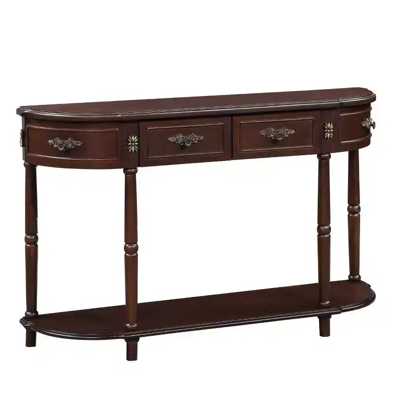Consolle curva da 52'' in legno anticato con ripiano aperto e 2 cassetti, Espresso
