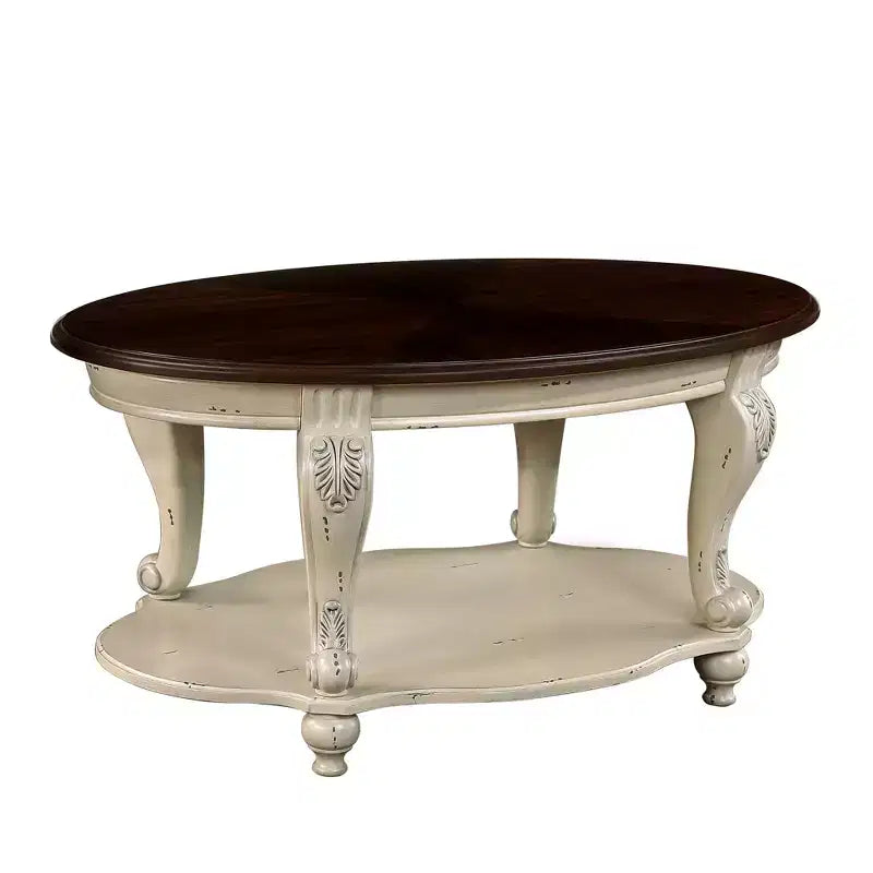 Tavolino da caffè ovale in legno da 42'' con ripiano portaoggetti aperto a 2 livelli, struttura beige e piano marrone