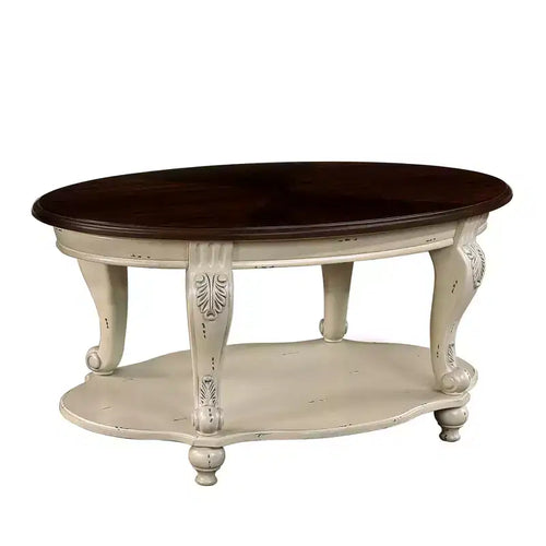Tavolino da caffè ovale in legno da 42'' con ripiano portaoggetti aperto a 2 livelli, struttura beige e piano marrone