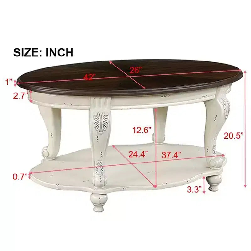 Tavolino da caffè ovale in legno da 42'' con ripiano portaoggetti aperto a 2 livelli, struttura beige e piano marrone