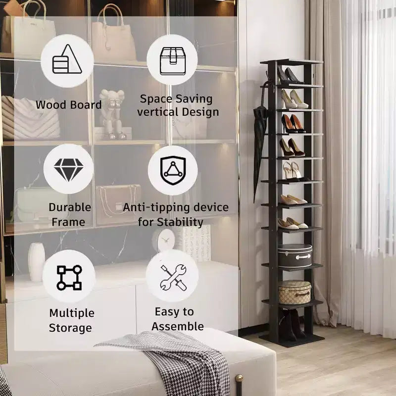 Scarpiera sottile a 10 livelli alta 157 cm con ganci laterali per ingresso, camera da letto e armadio – Contiene 10-20 paia