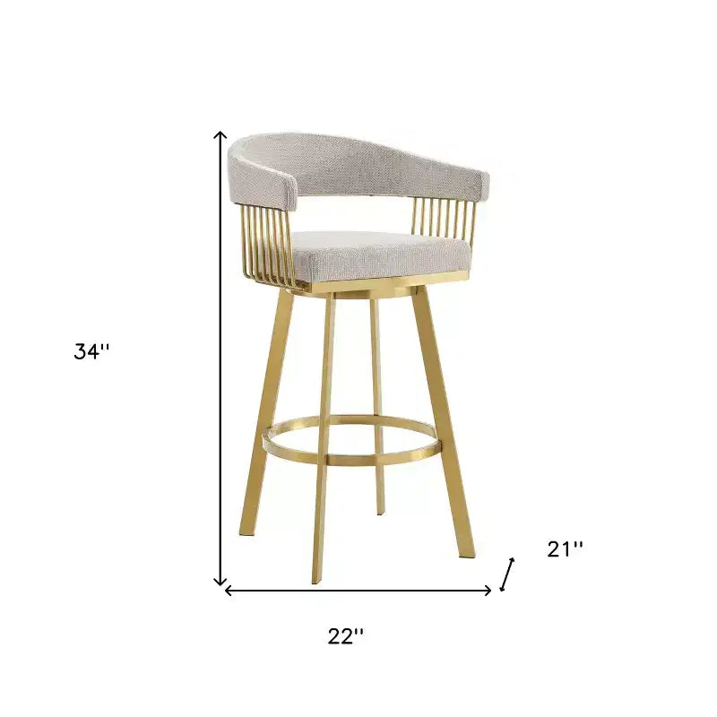 Sedia da bar girevole in tessuto color talpa e oro con braccioli, altezza bancone, 26"