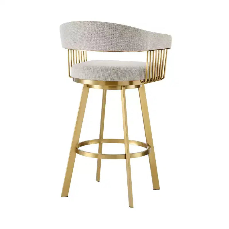Sedia da bar girevole in tessuto color talpa e oro con braccioli, altezza bancone, 26"