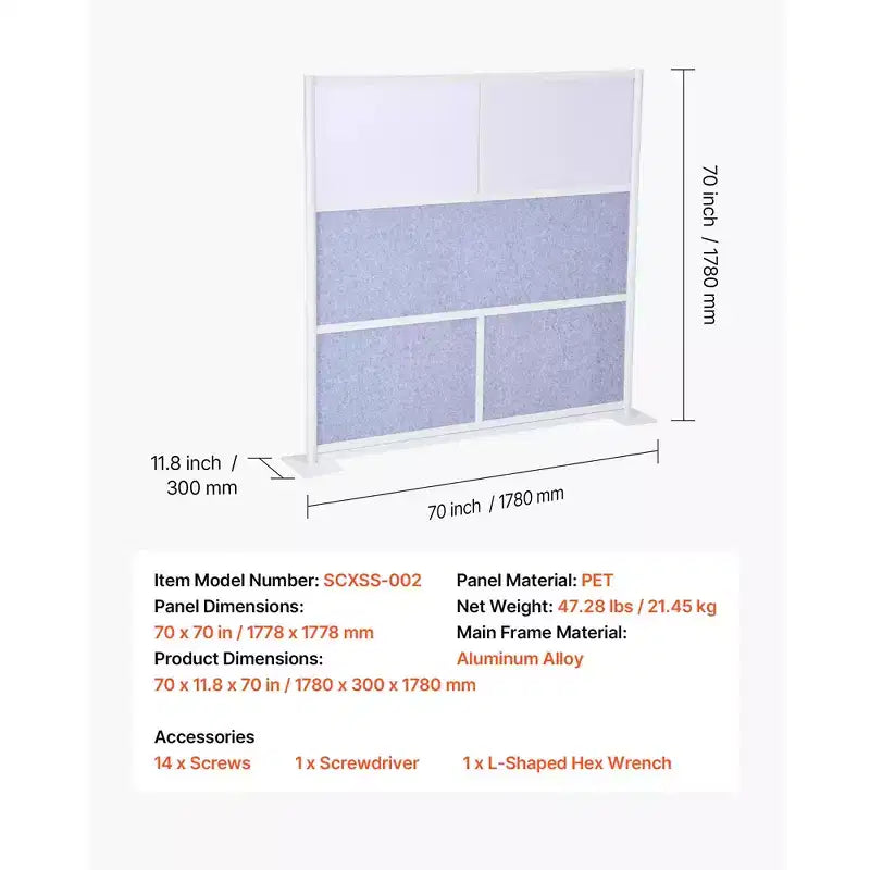 Divisorio per Ufficio, 1 pannello, 70 x 70 pollici, Struttura in PET con finestre smerigliate, Grigio