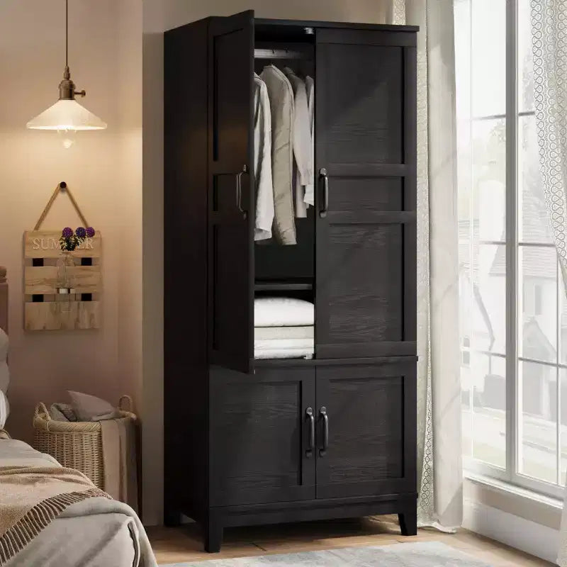 Armadio Guardaroba in Legno da 180 cm con 4 Ante, Asta Appendiabiti e Ripiani Regolabili