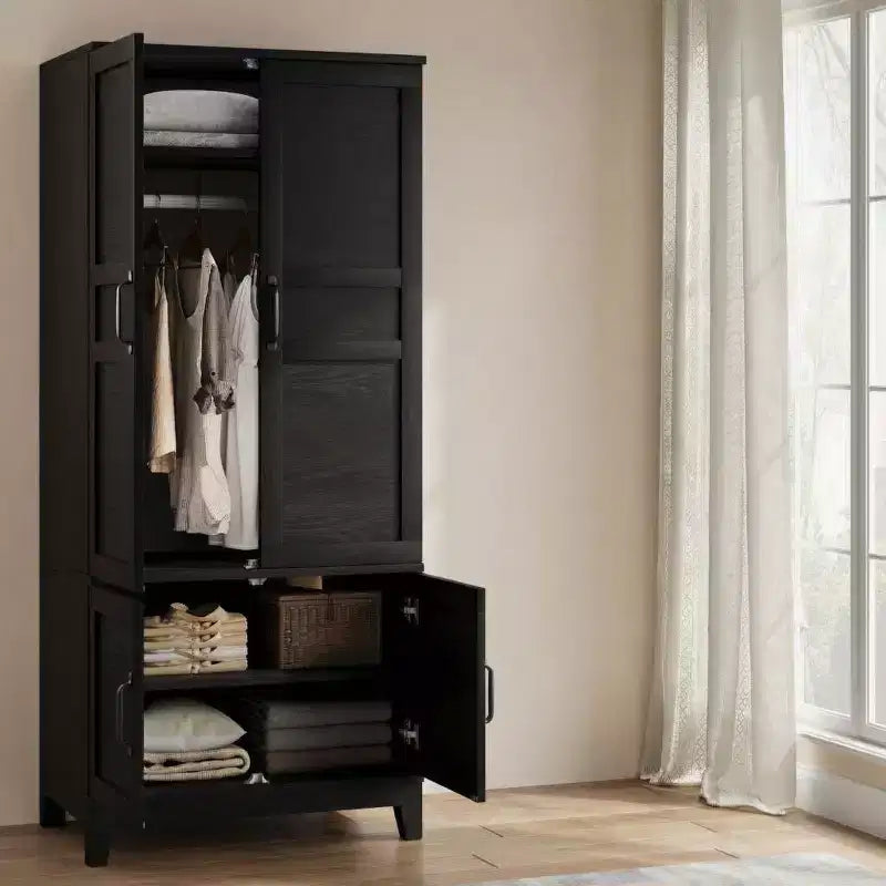 Armadio Guardaroba in Legno da 180 cm con 4 Ante, Asta Appendiabiti e Ripiani Regolabili