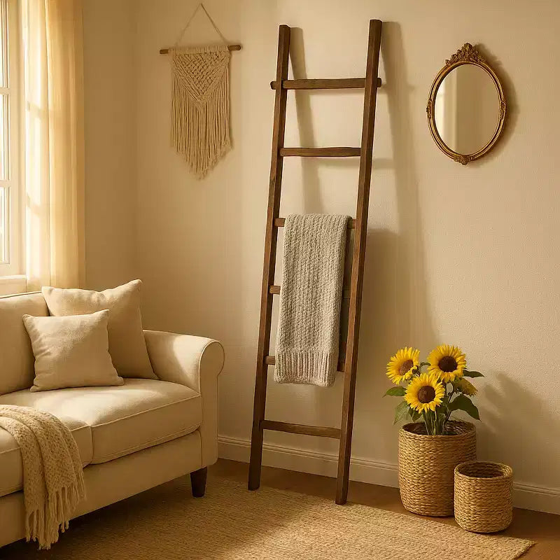 Scala Decorativa in Legno con Ganci – Porta Coperte e Asciugamani per Camera da Letto o Soggiorno