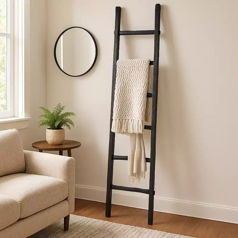 Scala Decorativa in Legno con Ganci – Porta Coperte e Asciugamani per Camera da Letto o Soggiorno