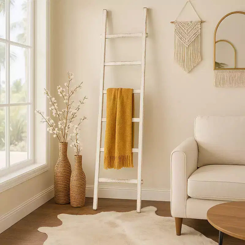 Scala Decorativa in Legno con Ganci – Porta Coperte e Asciugamani per Camera da Letto o Soggiorno
