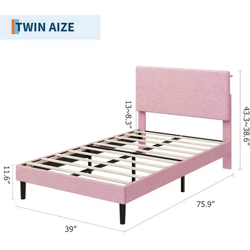 Letto imbottito a piattaforma in velluto a coste rosa per letto singolo con testiera contenitore e stazione di ricarica