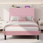 Letto imbottito a piattaforma in velluto a coste rosa per letto singolo con testiera contenitore e stazione di ricarica