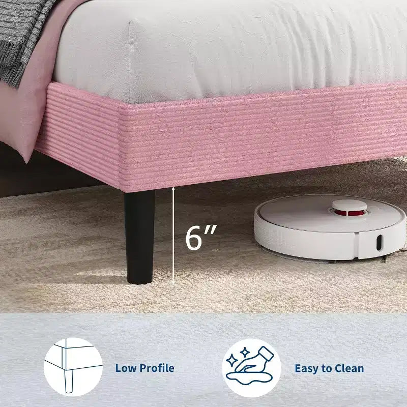 Letto imbottito a piattaforma in velluto a coste rosa per letto singolo con testiera contenitore e stazione di ricarica