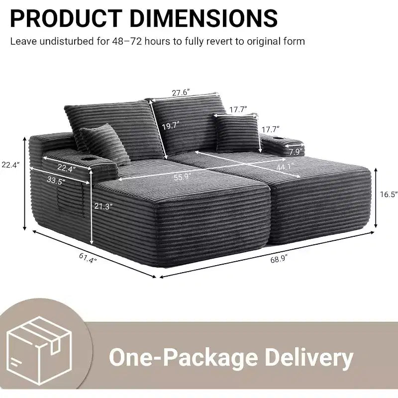 Divano componibile doppio con chaise longue, seduta profonda e cuscini decorativi, grigio