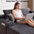 Divano componibile doppio con chaise longue, seduta profonda e cuscini decorativi, grigio
