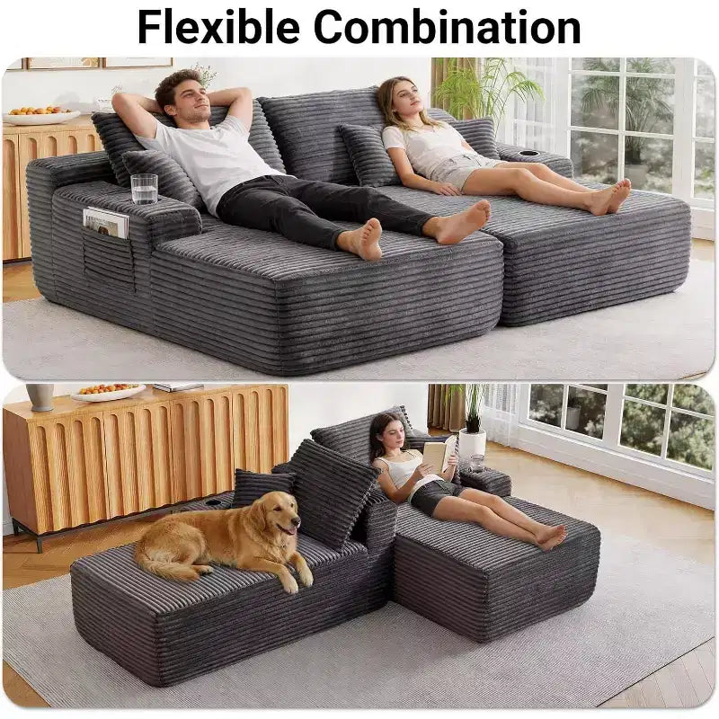 Divano componibile doppio con chaise longue, seduta profonda e cuscini decorativi, grigio