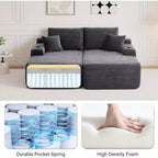 Divano componibile doppio con chaise longue, seduta profonda e cuscini decorativi, grigio