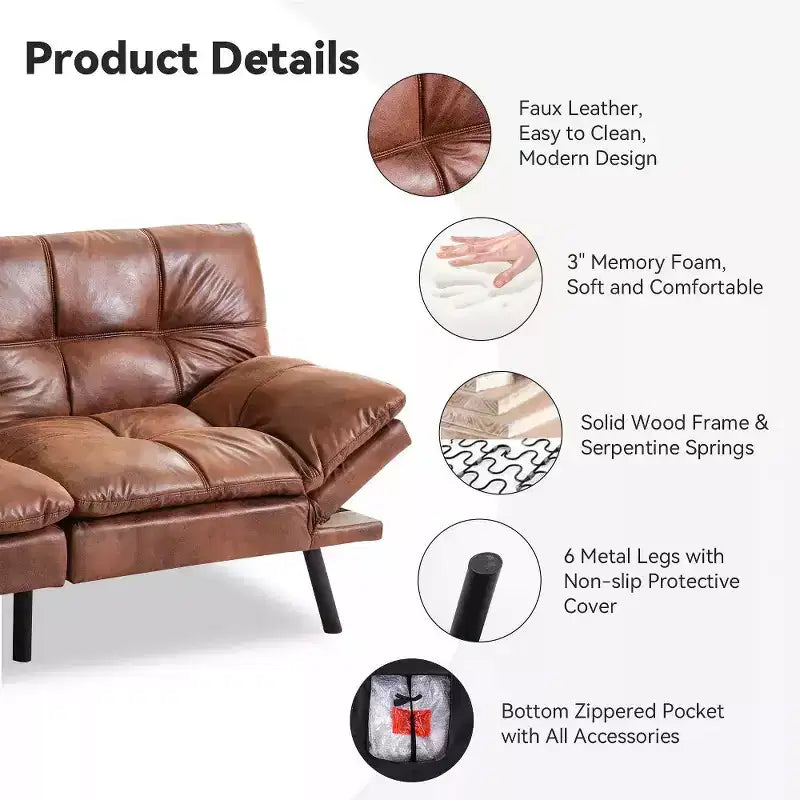 Divano Letto Futon Convertibile da 71 pollici con Memory Foam, Schienale e Braccioli Regolabili, Ecopelle