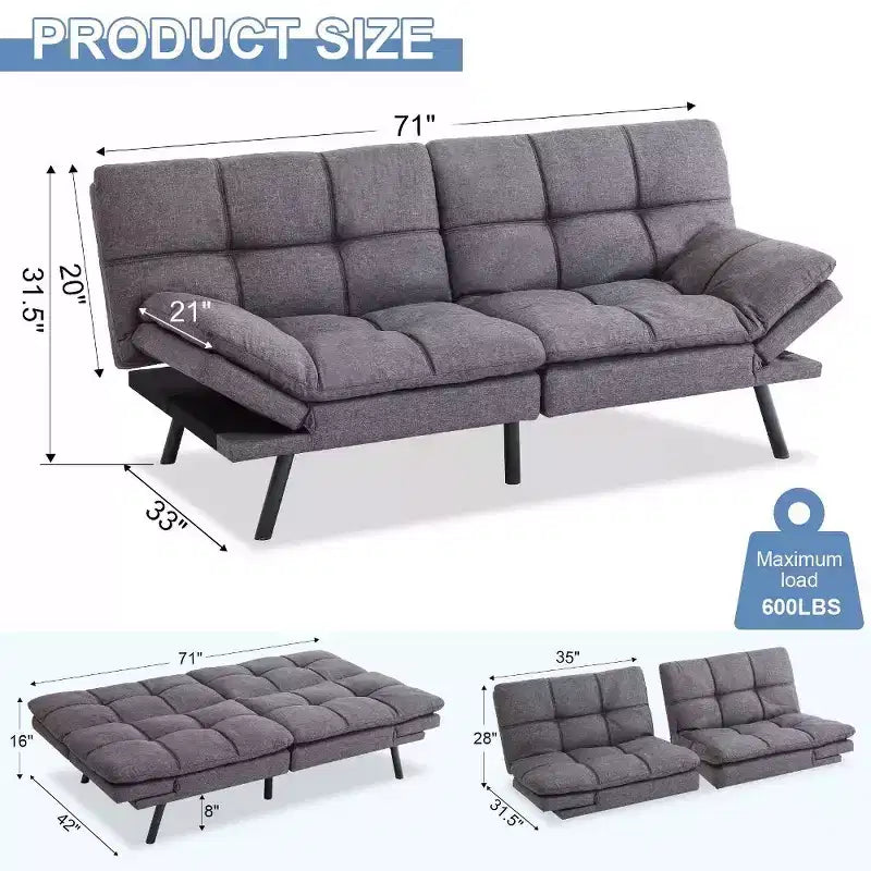 Divano Letto Futon Convertibile da 71 pollici con Memory Foam, Schienale e Braccioli Regolabili, Ecopelle