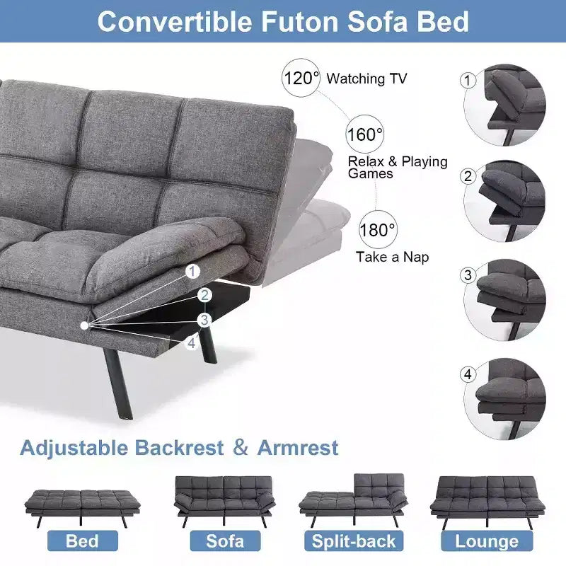 Divano Letto Futon Convertibile da 71 pollici con Memory Foam, Schienale e Braccioli Regolabili, Ecopelle