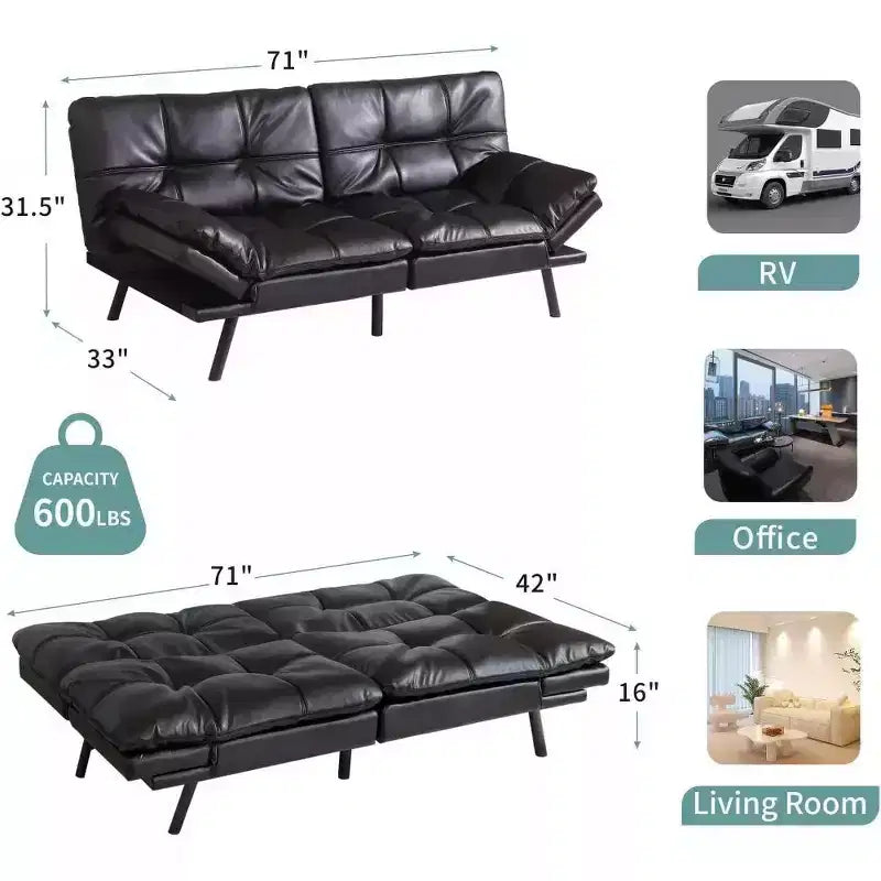 Divano Letto Futon Convertibile da 71 pollici con Memory Foam, Schienale e Braccioli Regolabili, Ecopelle